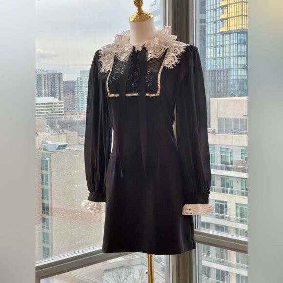 🆕 SELF-PORTRAIT 🧿 NWOT Diamante Trim Mini Dress, Black - Sz US 4 UK 8 - Picture 3 of 15